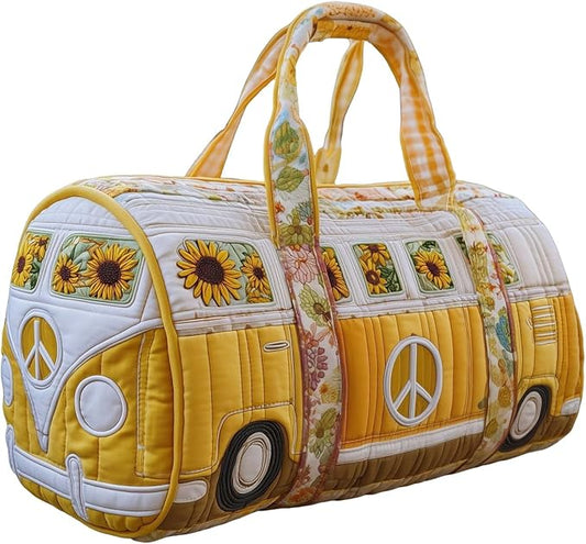 Hippie Journey Quilted Duffel Bag Hippie Van Travel Duffel Bag Vintage Floral Weekender Overnight Bags Women Gym Bags