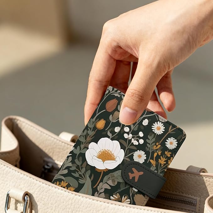 Passport Holder, Travel Wallet Cover with Pen Loop | Cute RFID Blocking Leather Case with Magnetic Closure for Travel Essentials-flower