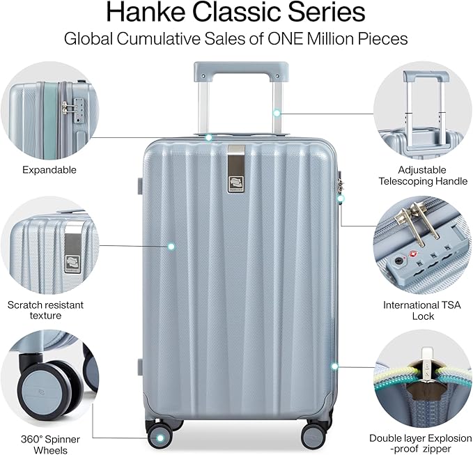 Hanke 20 Inch Expandable Carry on Luggage 22x14x9 Airline Approved Lightweight PC Hard Shell Suitcases with Wheels Travel Luggage Rolling Suitcase Travel Luggage Bag for Weekender(Gray)