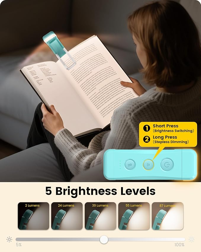 Glocusent Rechargeable Book Light, 1000 mAh Battery for 160 Hrs, 3 Amber Colors & 5 Brightness Stepless Dimming - Reading Lights for Books in Bed, Clip on Book Lights for Bookworms Kids