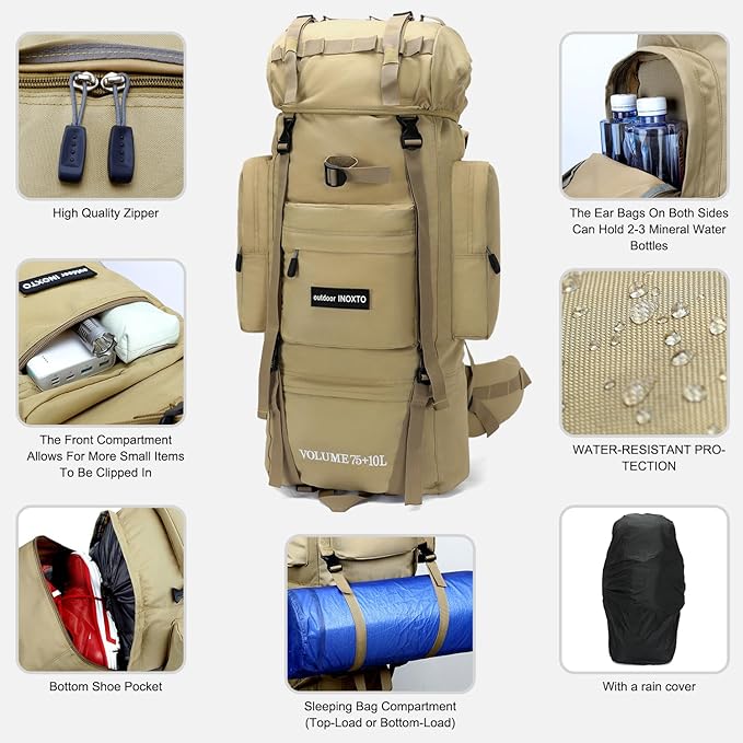IX INOXTO 85L Lightweight Internal Frame Hiking Backpack for Men Women, Waterproof Travel Camping Backpack with Rain Cover (Khaki)
