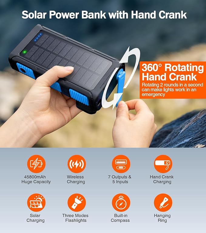 GOODaaa Power Bank Wireless Charger 45800mAh Built in Hand Crank and 4 Cables 15W Fast Charging Power Bank 7 Outputs & 4 Inputs Solar Portable Charger, SOS/Strobe/Strong Flashlights, Compass