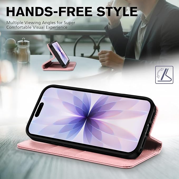 TUCCH Case Wallet for iPhone 17 (6.3") 2025, RFID Blocking 3 Card Holders | Kickstand | PU Leather | Protective Flip Folio Cover | TPU Shockproof Interior Shell | Pink