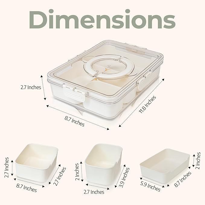 Mason & Meadow Small Snackle Box Container - Travel Snack Box Container - Snacklebox - Divided Serving Tray With Lid and Handle - Portable Snack Tray With Lid - Snackle Boxes (4 Compartments - Cream)