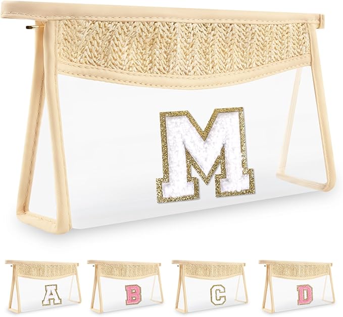 Personalized Initial Letter Bag Boho Straw Clear Makeup Bag,Small Cute Chenille Varsity Letter Bag With Zipper,Beach Travel Toiletry Bag,Portable Monogrammed Cosmetic Bag for Women Girls,M
