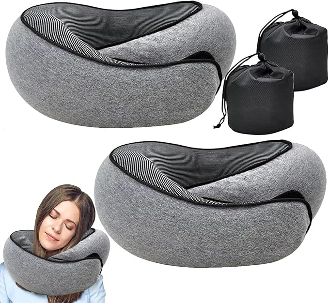 RURING Travel Pillows for Airplanes, Travel Neck Pillow Travel Pillow, Neck Pillow Airplane Memory Foam 360 Degree Support Stowable Pillows for Airplanes Offices and Cars 2PCS (Dark Gray)