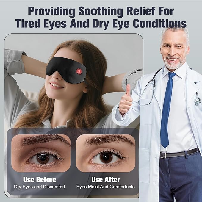 Heated Eye Mask, Rechargeable Detachable Washable Faux Silk Electric Cordless Dry Eyes Warmer Compress Graphene Sleep Mask Travel Gifts for Men Women, 3 Heat Levels & Auto-Off, Black