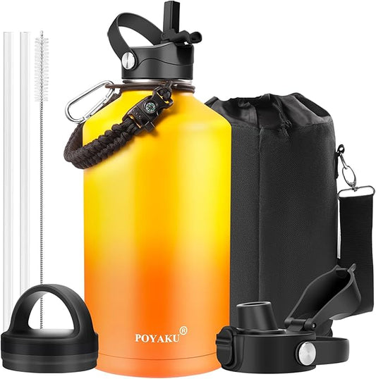 Water Bottle Insulated 32oz 40oz 64oz 128oz Straw Lid Spout Lid & 3 Lids, Leak Proof, Vacuum Insulated,Stainless Steel Water Bottle Wide Mouth for Sports, Gym or Office