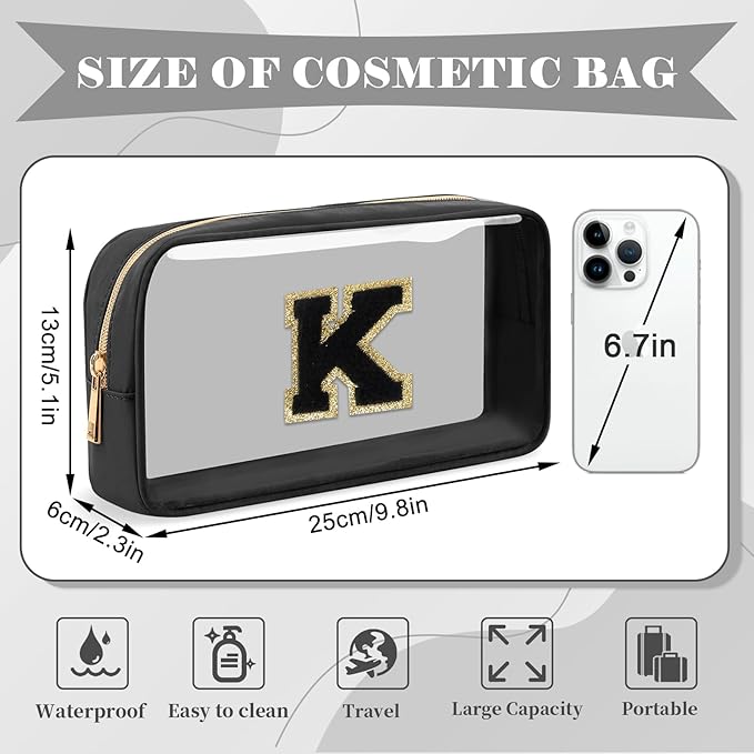 Personalized Initial Letter Clear Makeup Bag,Preppy Small Nylon&PVC Cosmetic Zipper Bag with Chenille Letter,Travel Skincare Toiletry Bag,Monogram Christmas Gift for Teen Girls Women,K
