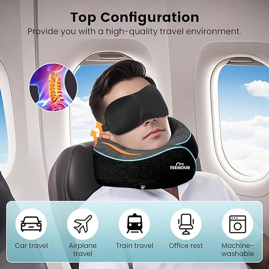 Upgraded Neck Pillow for Airplane Travel - 360° Support Stops Head Bobbing, Memory Foam Travel Pillow With Eye Mask & Earplugs, Portable Carry Bag for Long Flights/Car| Best Airplane Accessories Black