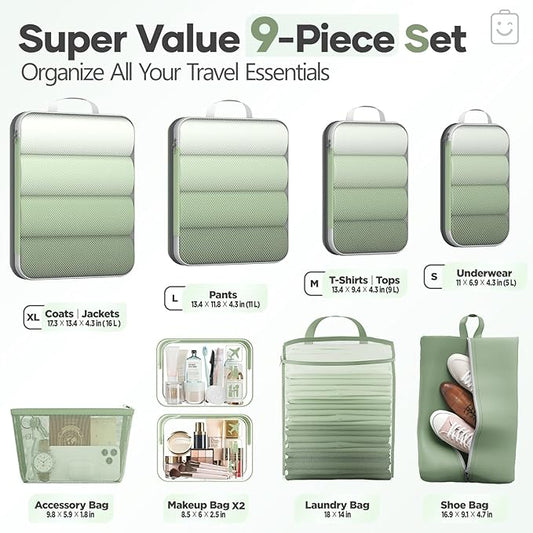 Veken 9/11 Set Compression Packing Cubes for Travel Essentials,Compressible Expandable Large Luggage Suitcase Organizer Bags for Clothing,Durable Space Saver Storage Bags(Matcha Green)