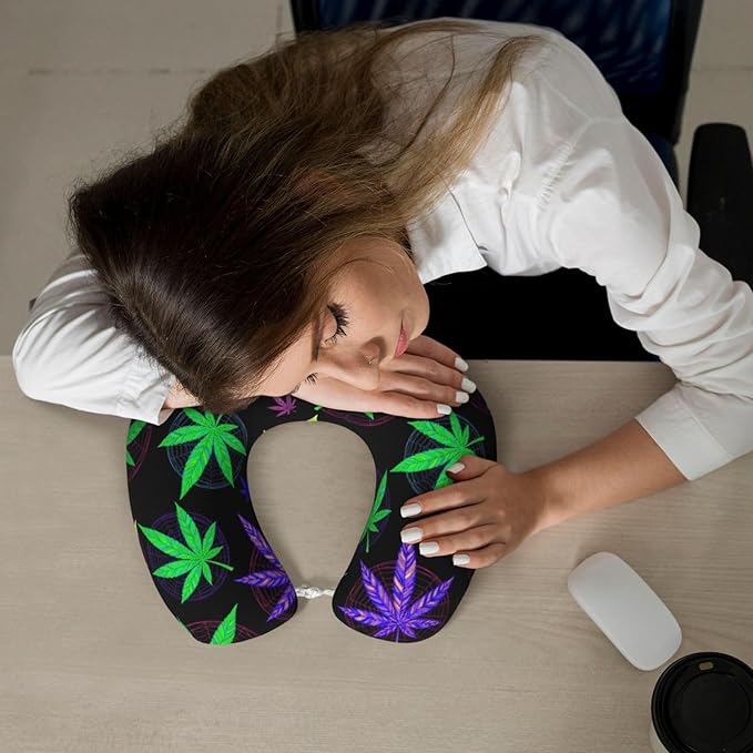 Comfortable Travel Pillow for Pain Relief Sleeping, Memory Foam Airplane Car Neck Pain Pillows Trippy Weedleaf Leaves Purple Black, Funny Chin Head Support Cushion