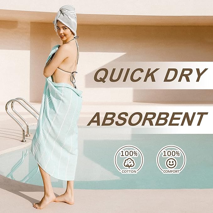 2 Packs Turkish Beach Towel Bathroom Bath Hiking Towels for Adult Soft Cotton Extra Large Summer Vacation No Sand Repels Fast Drying Compact Packable Thin Sandrpoof Repellent Anti Repels Foldable…