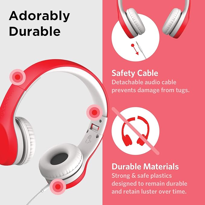 LilGadgets Connect+ Foldable Headphones, Adjustable Fit Soft Touch Padding for Kids with Mic, Volume-Limited & Noise Reduction On-Ear Wired Headset for School with SharePort - Red, Ages 3-14
