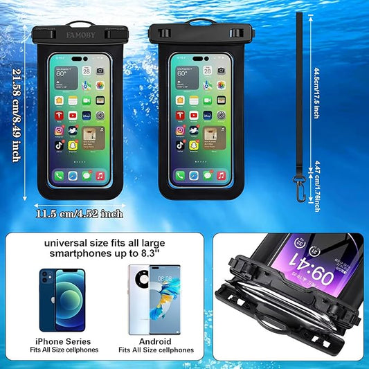 Up to 8.7" 6 Pack Multicolor Waterproof Phone Pouch, Large Phone Waterproof Case Dry Bag, Protection Level: IP68, Outdoor for Apple iPhone,Samsung,and More, Black,Blue,Pink,Orange,Yellow,Green