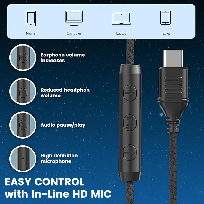 USB C Headphones Wired, Over Ear USB C Wired Headphones with Microphone, Volume Control, HD Stereo Sound,Foldable USB Type C Headphone for Adult/Teens/Laptop/Computer/iPhone 15/16 Series,Black