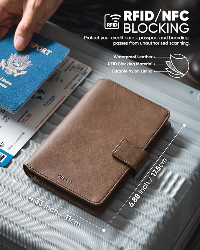 VULKIT Passport Holder with Airtag Holder RFID Blocking Passport Wallet Travel Leather Passport for Women(Espresso)
