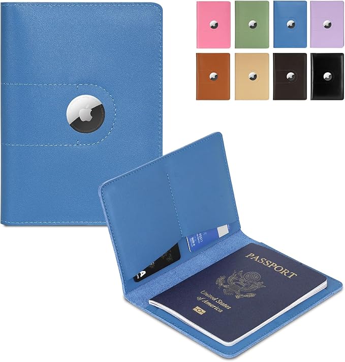 Genuine Leather Passport Holder for Travel Passport Covers with AirTag Slot Passport Wallets for Men Women Family Travel Christmas Gifts, Mens Womens Passport Holder, Blue