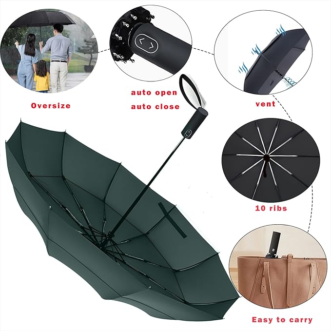 MRTLLOA 49/54/62 Inch Large Folding Golf Umbrella, Oversize Double Canopy Vented 10 Ribs Windproof Compact Travel Umbrellas for Rain