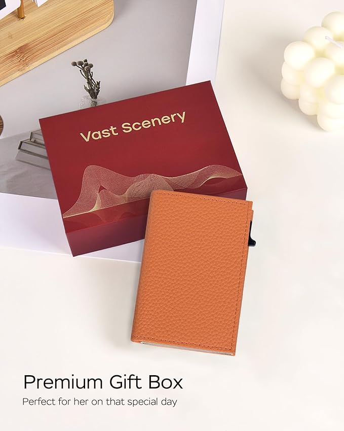 Vast Scenery Women's Small Wallet - 2026 Trendy Vibrant Orange, RFID Blocking Smart Metal Pop Up Card Holder, Ultra Slim Fits Most Bags & Pockets, Holds 11+ Cards 10+ Bills, Gift for Her