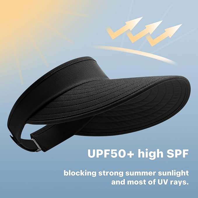 WANDER Sun Visor Hats for Women Wide Brim UV Protection Adjustable Large Golf Beach Cap Packable Travel Sport Visor