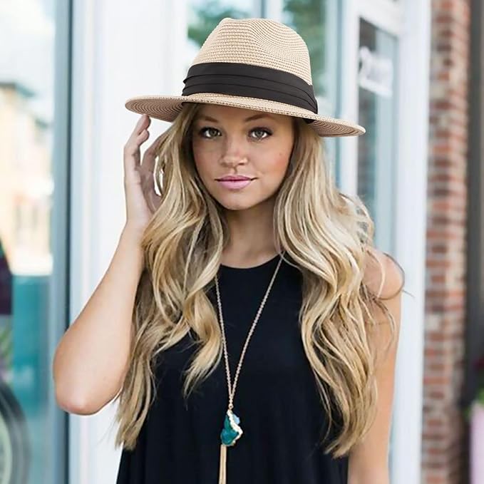 DRESHOW Women Straw Panama Hat Travel Fedora Beach Sun Hat Summer Wide Brim Straw Roll up Hat UPF 50+