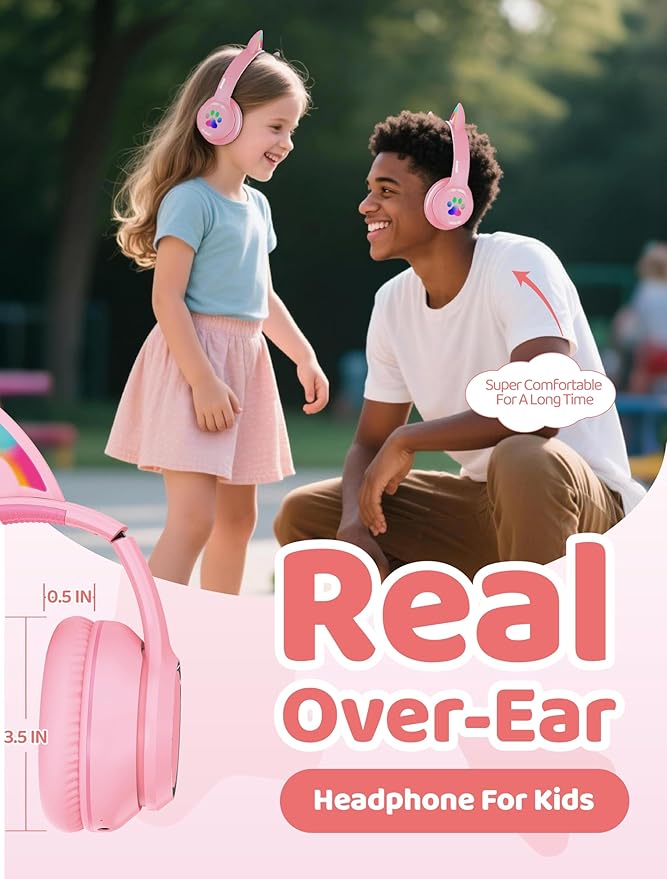MIDOLA Kids Headphones Cat Ear Wireless Bluetooth 5.3 60H Over Ear, 8H with Led Light Foldable Headset with Aux 3.5mm Mic for Travel Pad Tablet Pink
