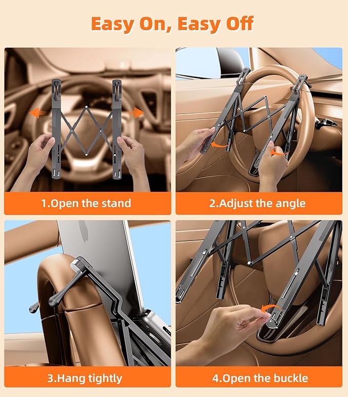 DICMKY Car Laptop Mount Steering Wheel Tray Holder, Height Adjustable Car Desk for Laptop Computer Tablet, Foldable Portable Lap Laptop Stand for Car Vehicle Workstation Accessories Truck SUV Tesla
