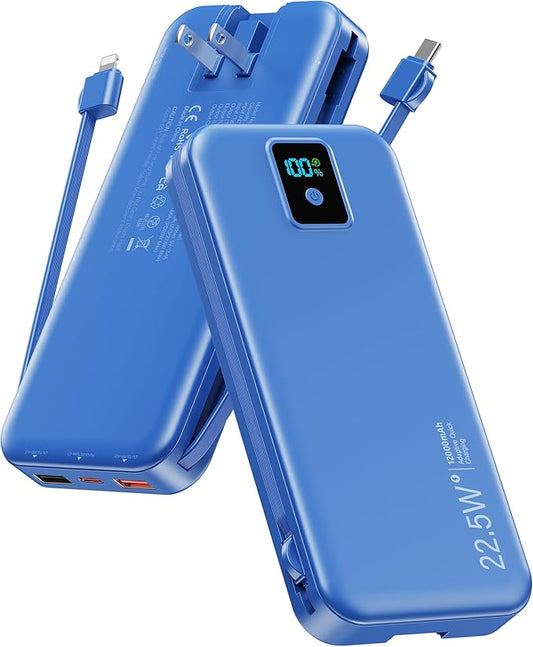 Portable Charger, 12000mAh 22.5W Fast Charging Power Bank with Built-in Cables & Wall Plug, Travel Essential Battery Pack with LED Display, USB C Battery Phone Charger for iPhone, iPad, Samsung Navy