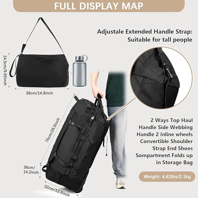 Rolling Duffle Bag with Wheels,86L 30”Carry on Luggage with Wheels,Folding Travel Bag,Duffle Backpack with Separate Shoe Compartment (black)