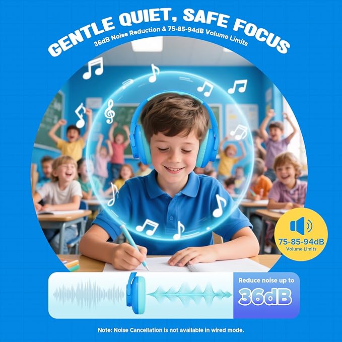 Nova1Lite Kids Wireless Active Noise Cancelling Headphones, Bluetooth 5.3, Safe Volume 74/85/94dB, Real 40H Battery, Type-C Fast Charging, boy Girl Built-in Mic for School Travel Airplane