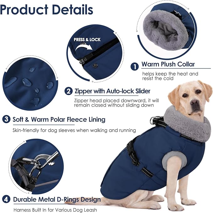 AOFITEE Dog Coat, Warm Dog Jacket Winter, Waterproof Dogs Winter Coat with Harness & Zipper, Reflective Turtleneck Fleece Pet Puffer Jacket Snowsuit for Jack Russel, Boston Terrier, Blue M