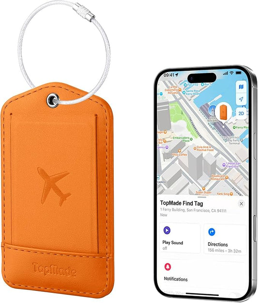 TopMade Smart Luggage Tag with Apple Find My, Premium Leather Luggage Tags for Suitcase, Travel Bags, Backpacks, Anti-Lost Suitcase Tag Tracker for Travel with Privacy Name Card, Rechargeable