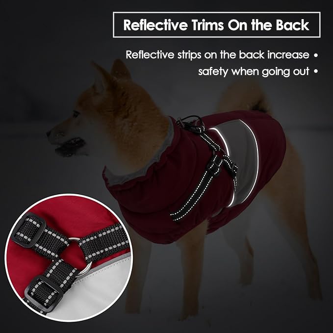 SUNFURA Dog Coat for Large Dogs, Warm Pet Jacket Winter with Harness Built in, Waterproof Pet Snow Jacket with Furry Collar, Reflective Fleece Snowsuit for Extra Large Dogs, Burgundy XL