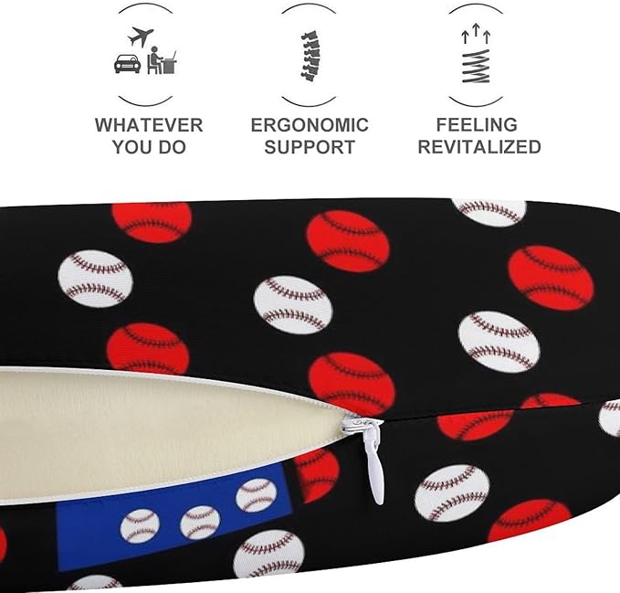 Funny Memory Foam Neck Pillow Travel U Shaped Cushion with Zip Cover, Chin Support for Airplane Car Office Home Nap, Baseball Art Black American Flag