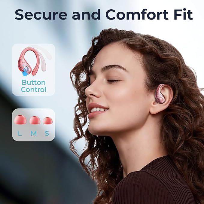 occiam Active Noise Cancelling Ear Buds Bluetooth Headphones Wireless Earbuds 90Hrs Playback Stereo Bass Earphones with Over-Ear Hooks IPX7 Waterproof Earbud for Sports Running Gym Workout Rose Gold