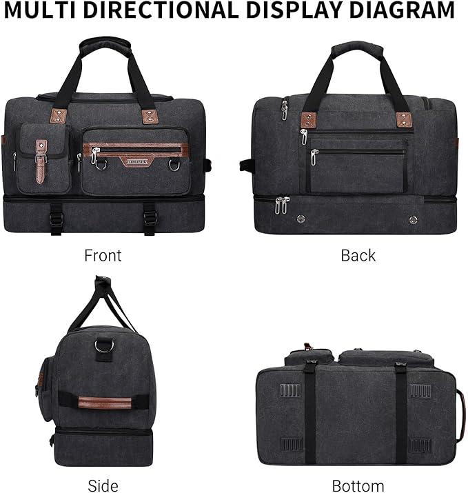 WITZMAN Canvas Weekender Bag Mens Overnight Bag for Traveling Carry on Duffle Bags with Shoes Compartment（A8010 Black）