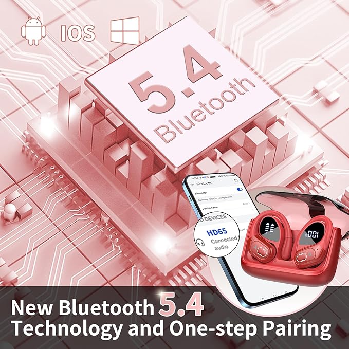 Wireless Earbuds 75hrs Bluetooth 5.4 Headphone Sport, 2025 Bluetooth Earbuds Stereo Deep Bass Over Ear Bud with Earhooks, ENC Noise Cancelling Mic, IPX7 Waterproof Earphone, Red
