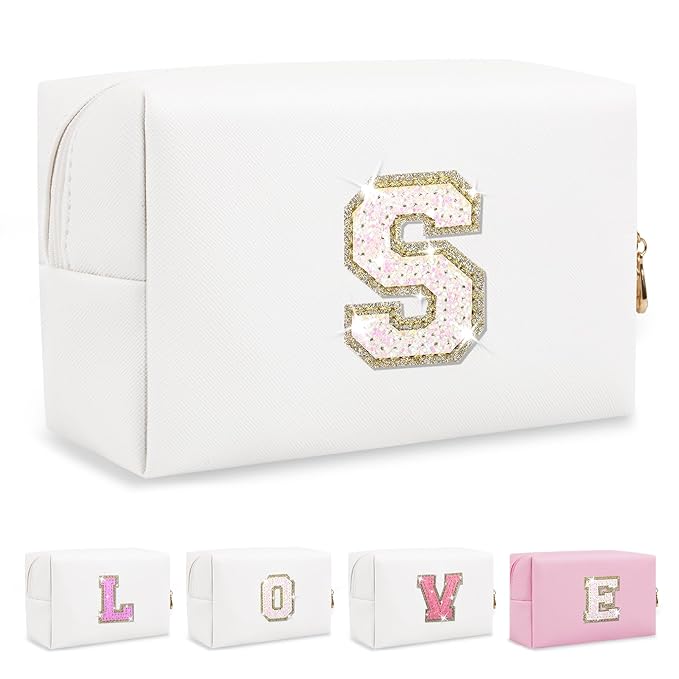 Small Initial Patch Makeup Bag Personalized Gifts Make Up Bag,White Cute PU Leather Glitter Letter Cosmetic Bag with Zipper,Trendy Portable Travel Toiletry Pouch,Preppy Stuff for Teen Girls Women S