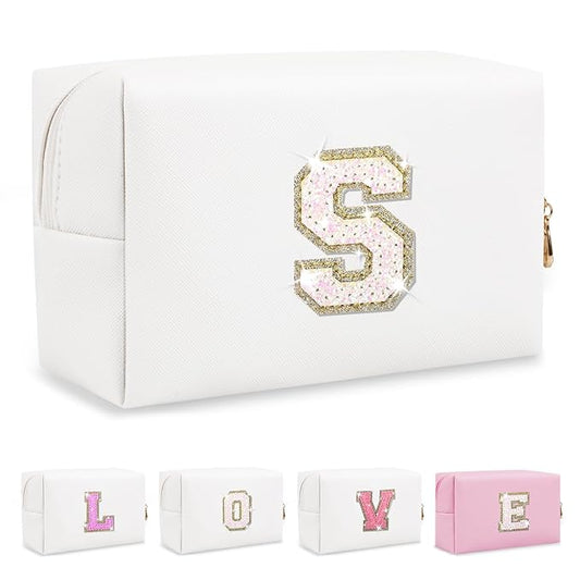 Small Initial Patch Makeup Bag Personalized Gifts Make Up Bag,White Cute PU Leather Glitter Letter Cosmetic Bag with Zipper,Trendy Portable Travel Toiletry Pouch,Preppy Stuff for Teen Girls Women S