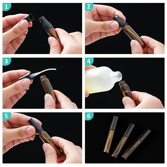 Zhehao 50 Pcs Mini Spray Bottles 5 ml Clear Glass Perfume Bottles Refillable Fine Mist Perfume Atomizer Portable Empty Sample Containers for Cleaning, Essential Oils, Travel (Amber)