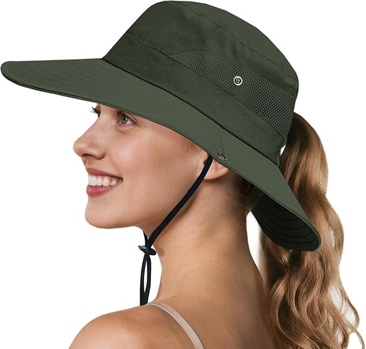NPQQUAN Ponytail Sun Bucket Hats for Women Men Wide Brim UPF 50+ Fishing & Beach Hats