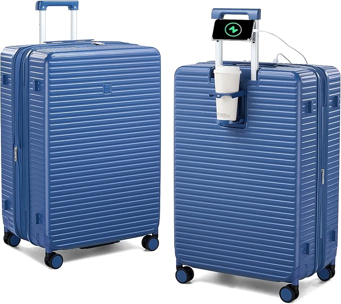 28 Inch Luggage Hard Shell Suitcases, Expandable Travel Checked Luggage 28 Inch, Large Check In Luggage with Spinner Wheels Cup Holder Charger Built in Lightweight Suitcase, Interstellar Blue