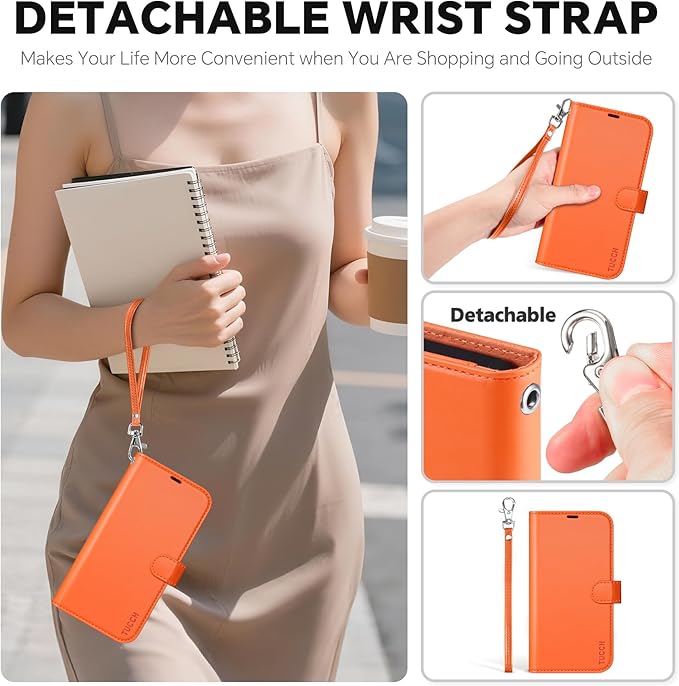 TUCCH Detachable Case Wallet for iPhone 17 Pro (6.3") 2025, Wrist Strap | 4 Card Slots RFID Blocking | Wireless Charging | Stand | 2-in-1 Magnetic | PU Leather | Shockproof Folio Cover | Orange