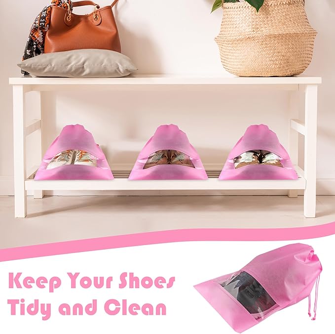Large Pink Travel Shoe Bags - 10 Pcs, Non-Woven Drawstring with Clear Window (12.6" X 17.3")