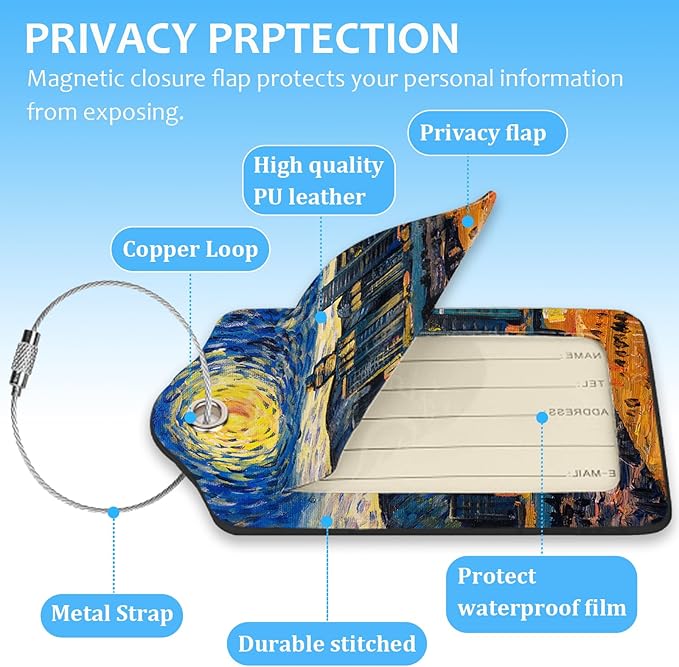 2 Pack Luggage Tag for Suitcase,Starry Night View Luggage Tag with PU Leather Privacy Cover ID Label & Stainless Steel Loop for Women Men Travel Bag Suitcase