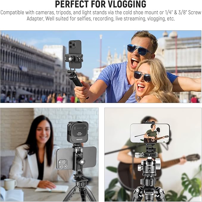 NEEWER Metal Phone Tripod Mount Adapter with Arca QR Base, Cold Shoe, 360° Swivel 180° Tilt, Phone Holder Compatible with iPhone 15 Pro Max Galaxy S24