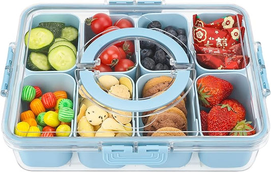 shopwithgreen Divided Serving Tray with Lid and Handle, Portable Snackle Box Charcuterie Container for Party, Veggies, Fruits, Nuts, Candy, Food Tray Platter Snack Box for Entertaining, Picnic, Blue