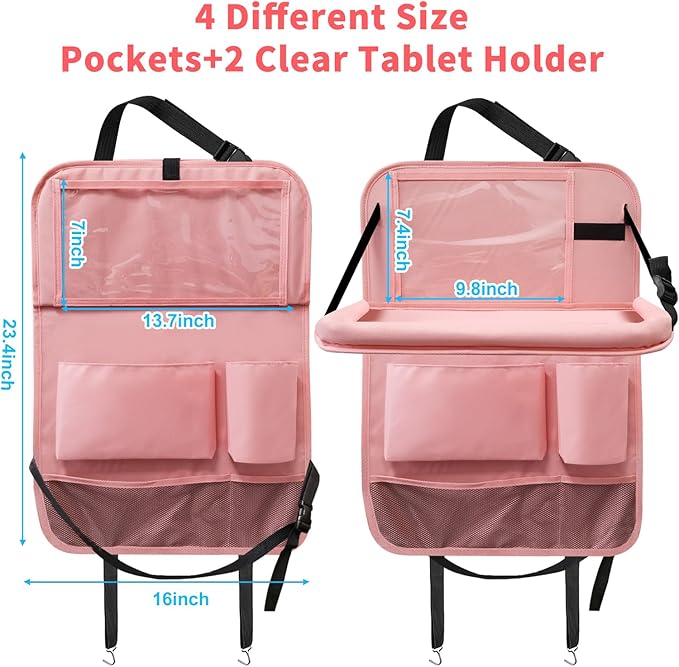 Etre Jeune Car Backseat Organizer with Tray, Seat Back Table Holder with 6 Storage Pockets, Car Seat Back Protectors Kick Mats Travel Accessories, 2 Pack Pink