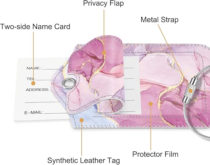 Fintie Luggage Tags, Privacy Cover ID Label with Stainless Steel Loop and Address Card for Travel Bag Suitcase - Glittering Marble (2 Piece)